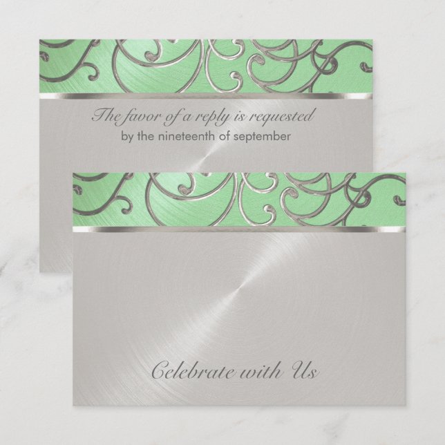 RSVP Card Elegant Mint Green Silver Filigree (Frente/Verso)