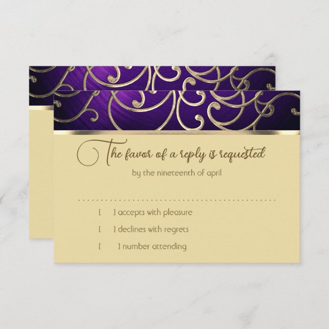 RSVP Card Elegante, púrpura e Dourada (Frente/Verso)