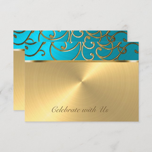 RSVP Card Elegante Turquoise Blue Dourado Filigree (Frente/Verso)
