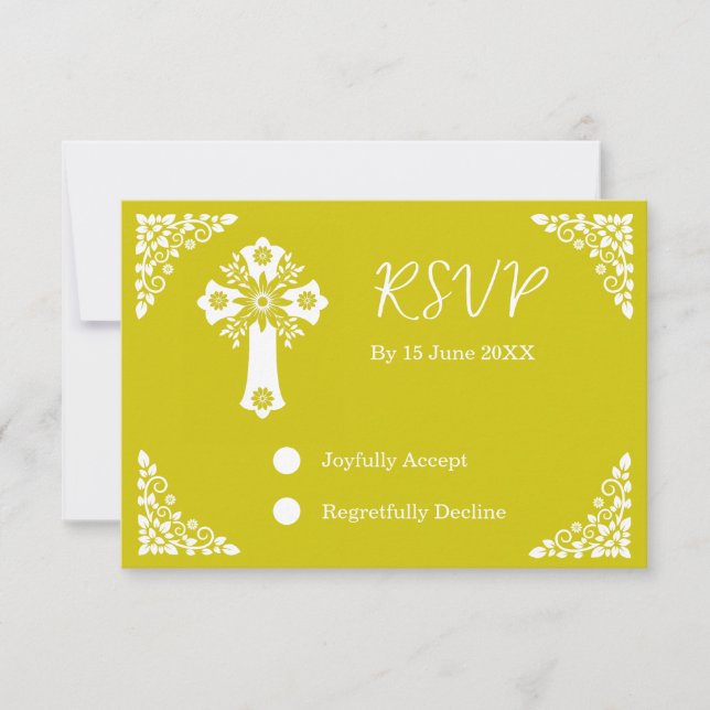 RSVP Card Floral Cross Christening Yellow (Frente)