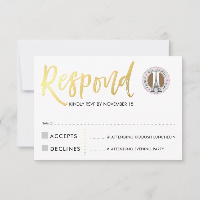 RSVP CARD - resposta do script gold corações cor-d (Frente)