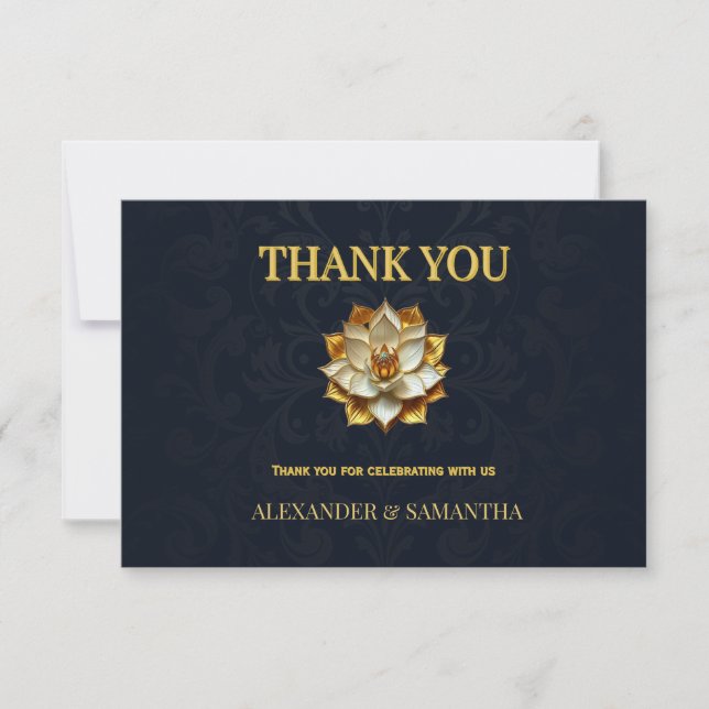 RSVP Cartão de Agradecimento de Casamento Gold Lotus Az (Frente)