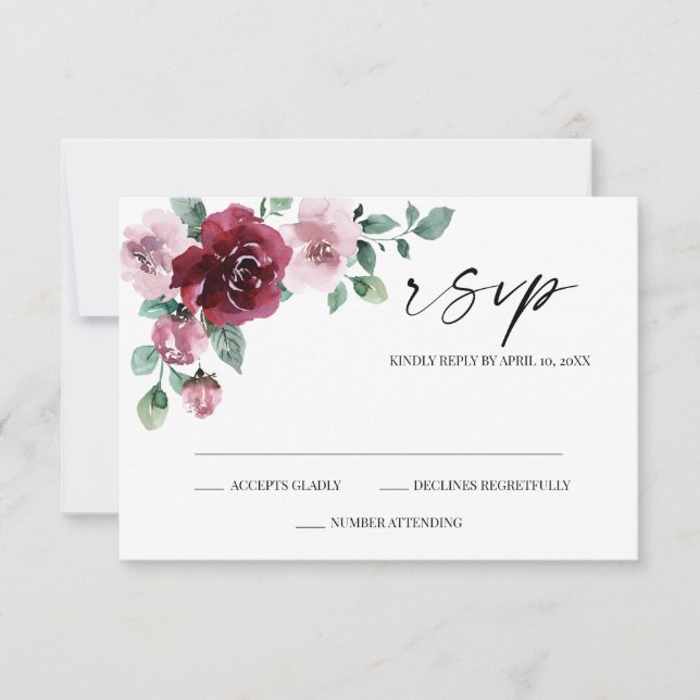 RSVP Cartão de Confirmação de Casamento Floral Borgonha (Frente)