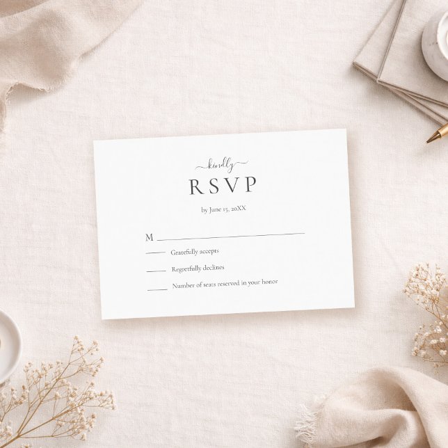 RSVP Cartão de Confirmação de Presença de Casamento com (Modern Minimalist Script Wedding RSVP Card on a boho table with tiny white flowers)