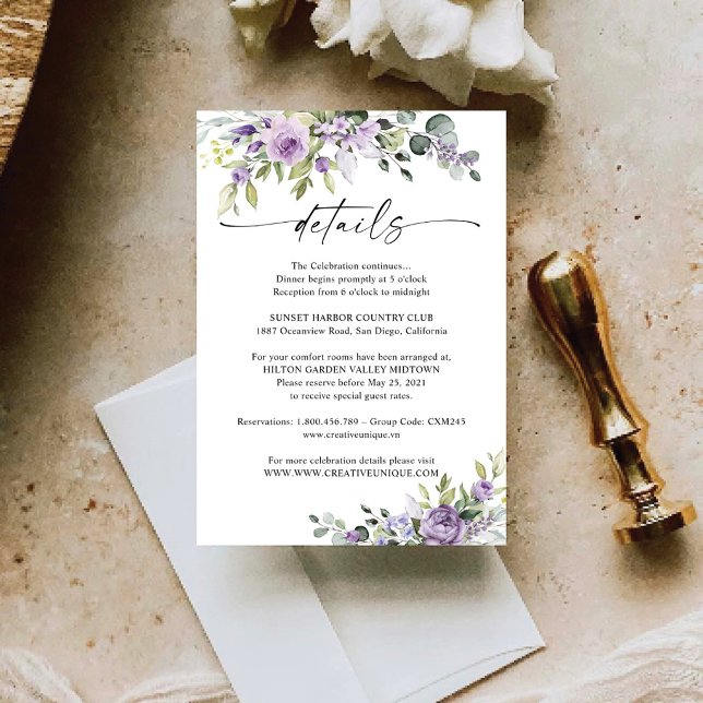 RSVP Cartão de Detalhes de Casamento com Flores Violeta (Criador carregado)