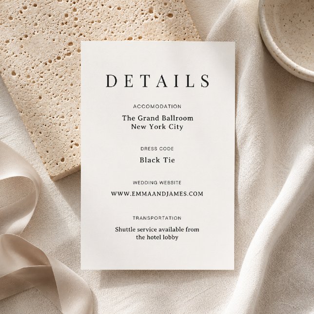 RSVP Cartão de Detalhes de Casamento em Script Elegante (Elegant luxury wedding details card with timeless editorial styling.)