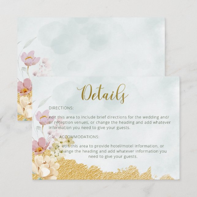 RSVP Cartão de Detalhes do Casamento Floral Dourado (Frente/Verso)