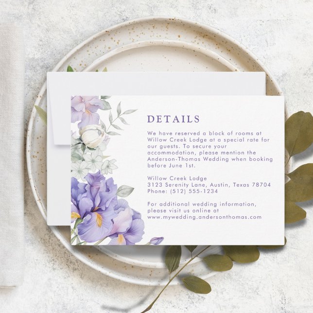 RSVP Cartão de Detalhes do Casamento Floral Iris Roxo-R (Romantic Purple Iris Floral Wedding Details Card)