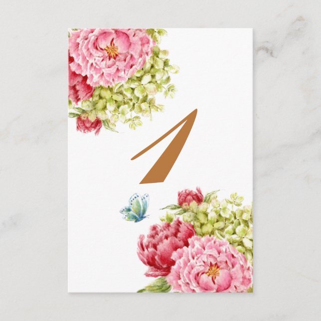 RSVP Cartão de Mesa Peônias e Hydrangea Número 1 (Frente)