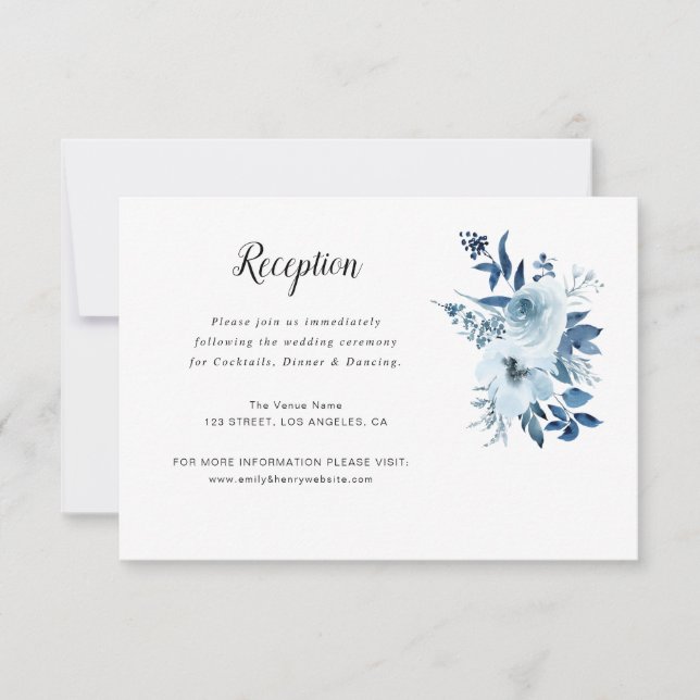 RSVP cartão de recepção de casamento floral azul empoei (Frente)