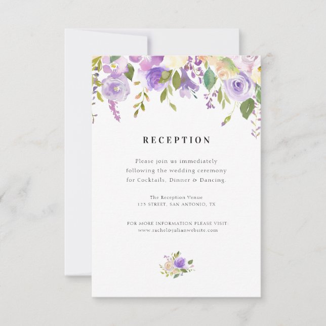 RSVP cartão de recepção de casamento floral púrpura e p (Frente)