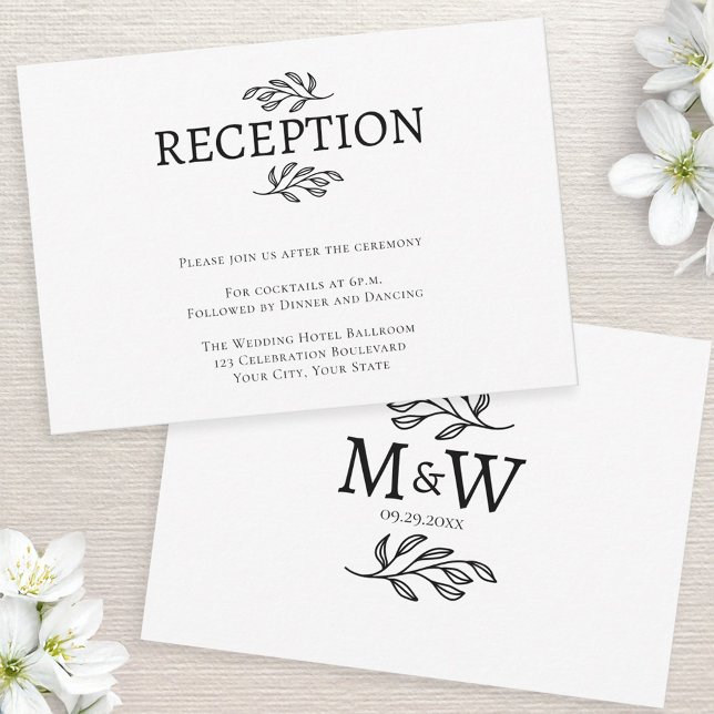 RSVP Cartão de Recepção de Iniciais de Monograma de Cas (Wedding reception enclosure card with couple monogram initials and botanical leaf line art)