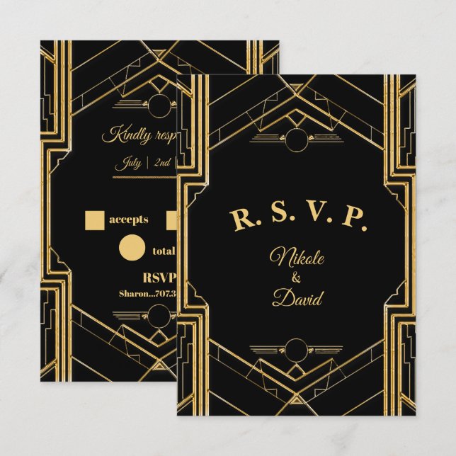 RSVP Cartão Elegante Art Deco Gatsby R.S.V.P. (Frente/Verso)