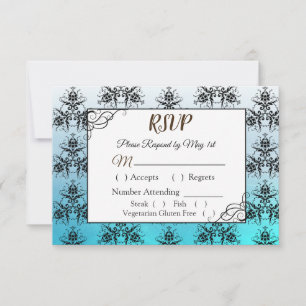 RSVP Cartão preto e azul do casamento tema damasco RSV
