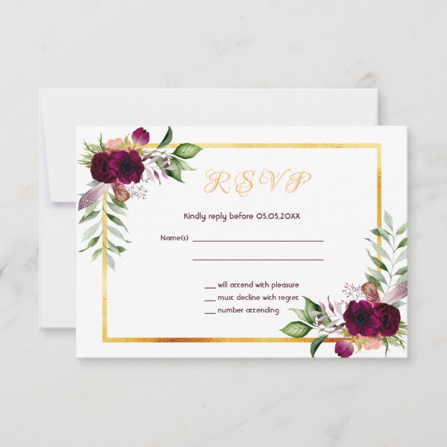 RSVP casamento Bohemian florals Burgundy White (Frente)