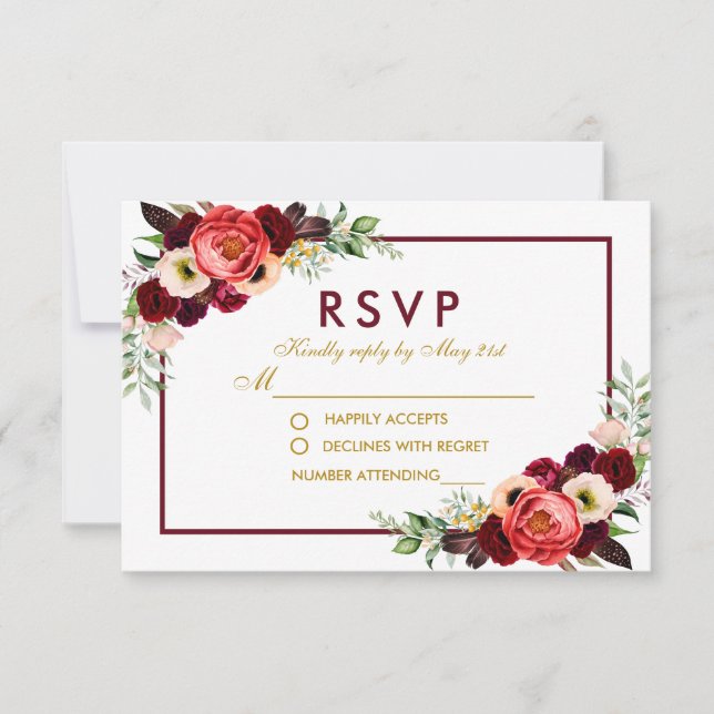 RSVP Casamento Boho Dourado Floral Borgonha Aquare (Frente)