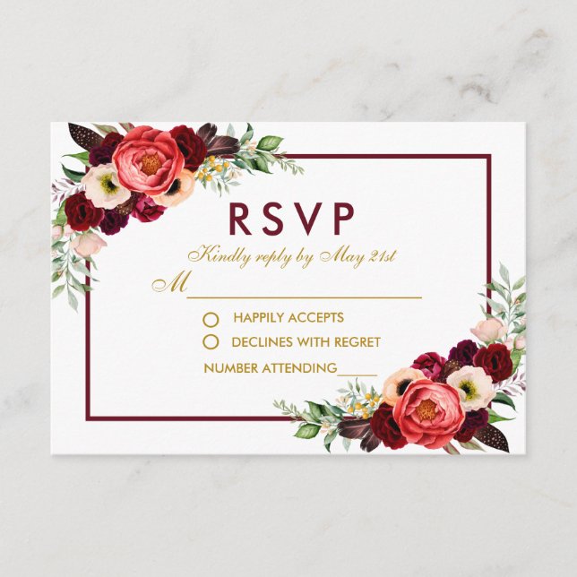 RSVP Casamento Boho Dourado Floral Borgonha Aquare (Frente)