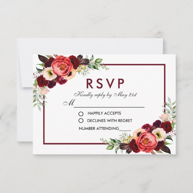 RSVP Casamento Boho Floral Aquarela Borgonha (Frente)