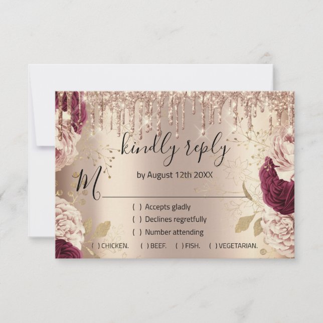 RSVP Casamento Brilho Coroa de Flores Dourado Rosa (Frente)
