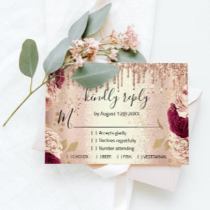 RSVP Casamento Brilho Noiva Dourado Rosa Gotas Bor
