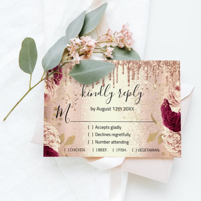 RSVP Casamento Brilho Noiva Dourado Rosa Pingos Bu (Criador carregado)