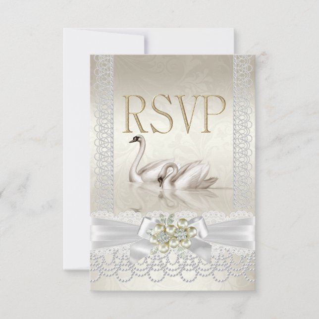 RSVP Casamento Cisnes Branco Pérola Renda Damasco (Frente)