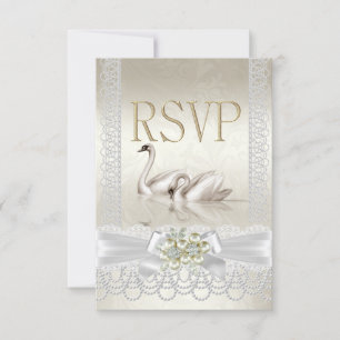 RSVP Casamento Cisnes Branco Pérola Renda Damasco