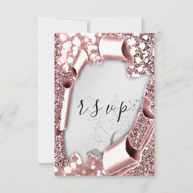 RSVP Casamento de Glitter Florals Silver Rosa Blus (Verso)