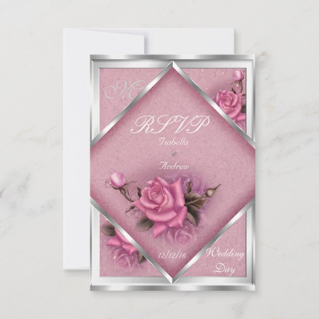 RSVP Casamento Elegante Buquê de Rosa Prata (Frente)