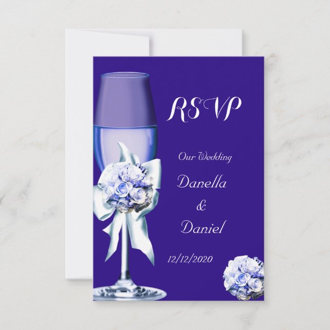RSVP Casamento Elegante Prata Azul Flores Rosas (Frente)
