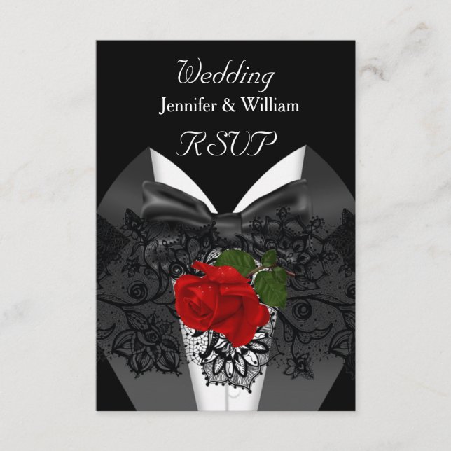 RSVP Casamento Preto Branco Tuxedo Rosa Vermelho I (Frente)
