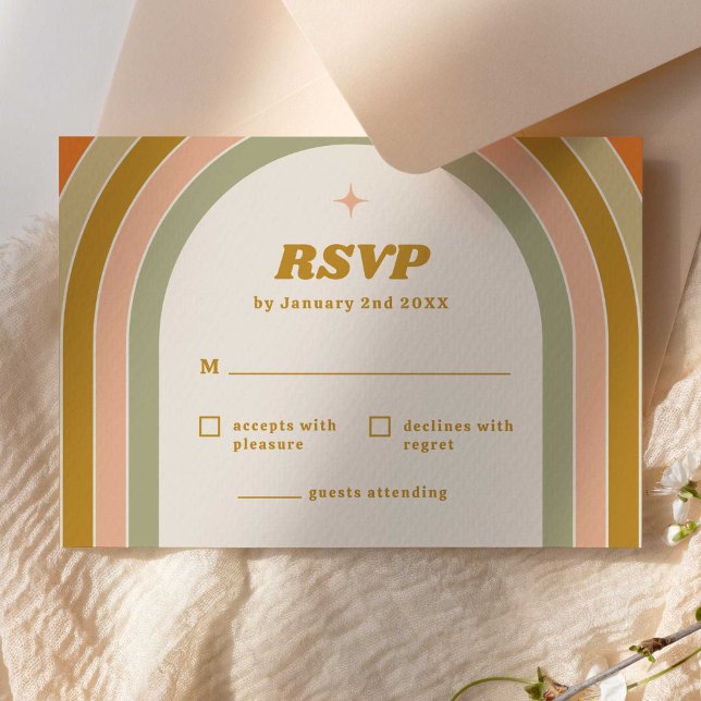 RSVP Casamento Rétro Arco-íris dos Anos 70 (70s retro rainbow groovy RSVP card template)