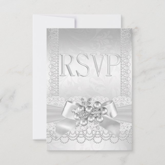 RSVP Casamento White Prata Pearl Lace Damask (Frente)