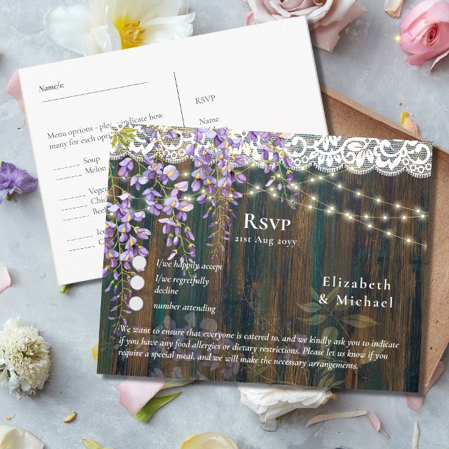 RSVP com Lace de Wisteria Rustic Modelo de Menu (Criador carregado)