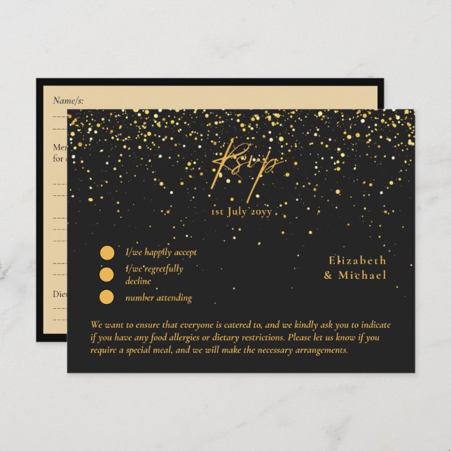 RSVP com Modelo de menu | Dourado negro (Frente/Verso)