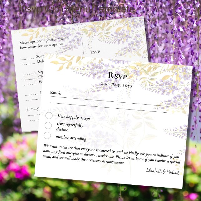 RSVP com Modelo de menu Flores Roxas (Criador carregado)