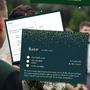 RSVP com Modelo de menu Pavão Azul Verde Dourado