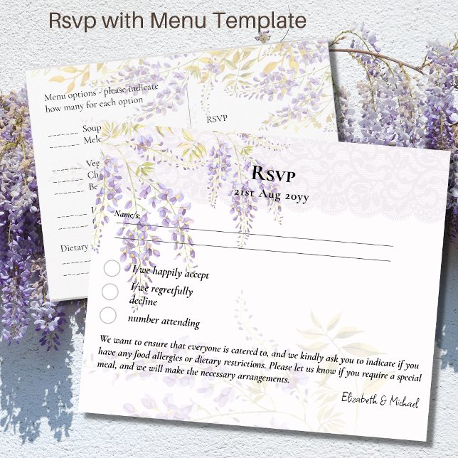 RSVP com Modelo de menu Purple Wisteria Floral (Criador carregado)