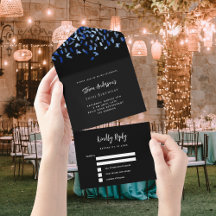rsvp de aniversário de confetti azul-marinho preto
