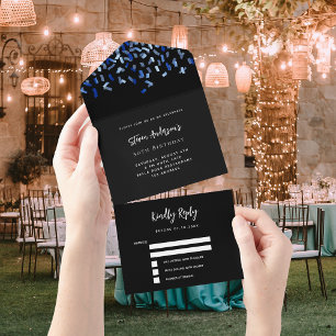 rsvp de aniversário de confetti azul-marinho preto