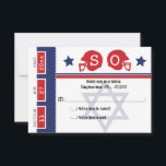 RSVP de Bilhetes de Futebol do bar Mitzvah<br><div class="desc">Tíquete de futebol vermelho e azul com a estrela de David para o seu cartão RSVP de Bar Mitzvah / Bat Mitzvah. Dois capacetes de futebol para as suas iniciais e estrela central de David de cor azul esmaecida. Se o esquema de cores não for o que você queria, envie...</div>