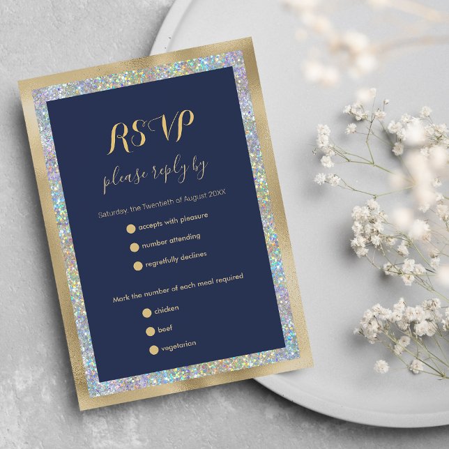 RSVP de brilho holográfico de ouro azul-marinho (Navy blue gold silver holographic glitter RSVP)
