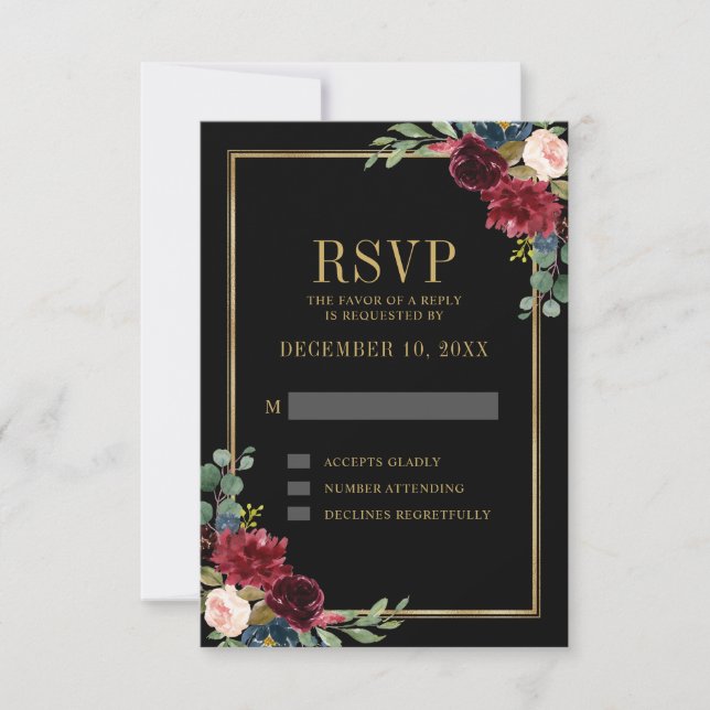 RSVP de Casamento Azul de Frame Dourado Floral da  (Frente)