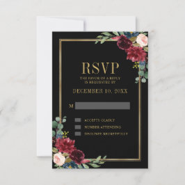 RSVP de Casamento Azul de Frame Dourado Floral da