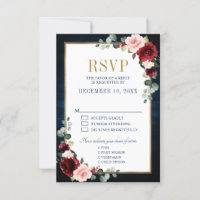RSVP de Casamento Azul de Frame Dourado Floral da