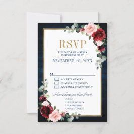 RSVP de Casamento Azul de Frame Dourado Floral da 