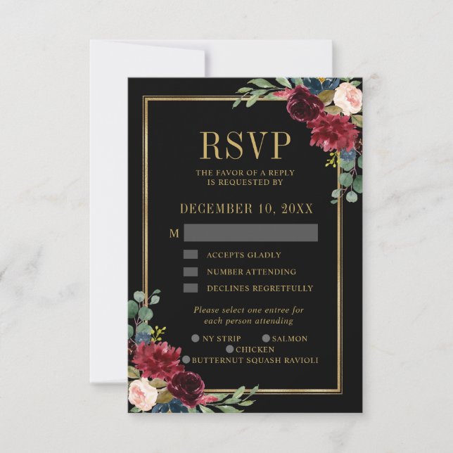 RSVP de Casamento Azul de Frame Dourado Floral da  (Frente)