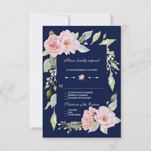 RSVP de Casamento Azul de Marinho Floral Cor-de-Ro (Frente)