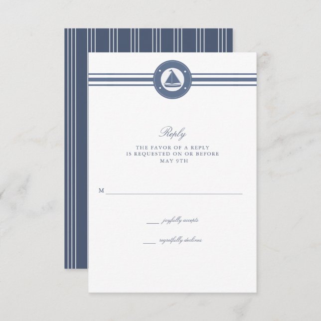 RSVP de Casamento Azul de Stripe de Navegação Náut (Frente/Verso)