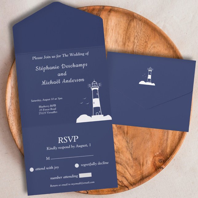 RSVP de Casamento Azul do Marinho de Farol (Lighthouse Navy Blue Wedding RSVP All In One Invitation)